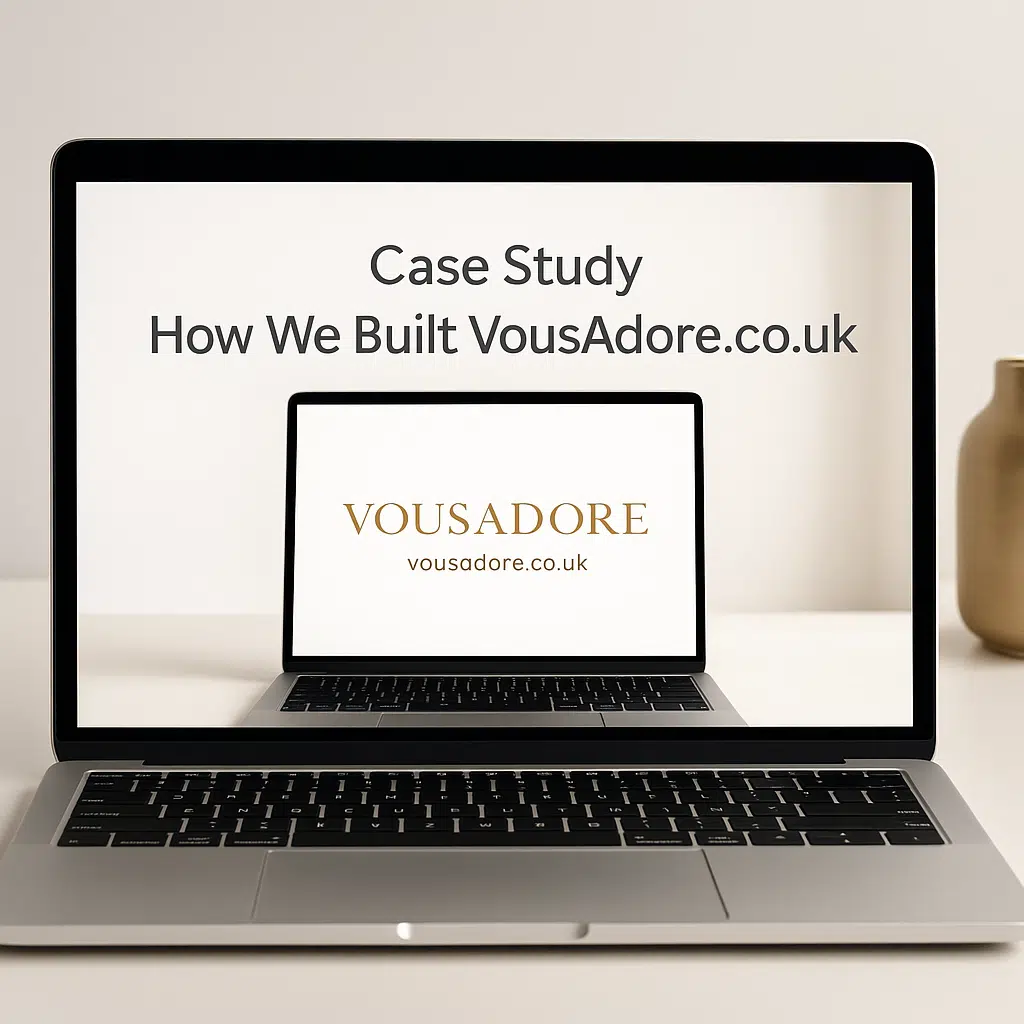 Case study visual showing how the VousAdore website was planned, designed, and launched from concept to completion