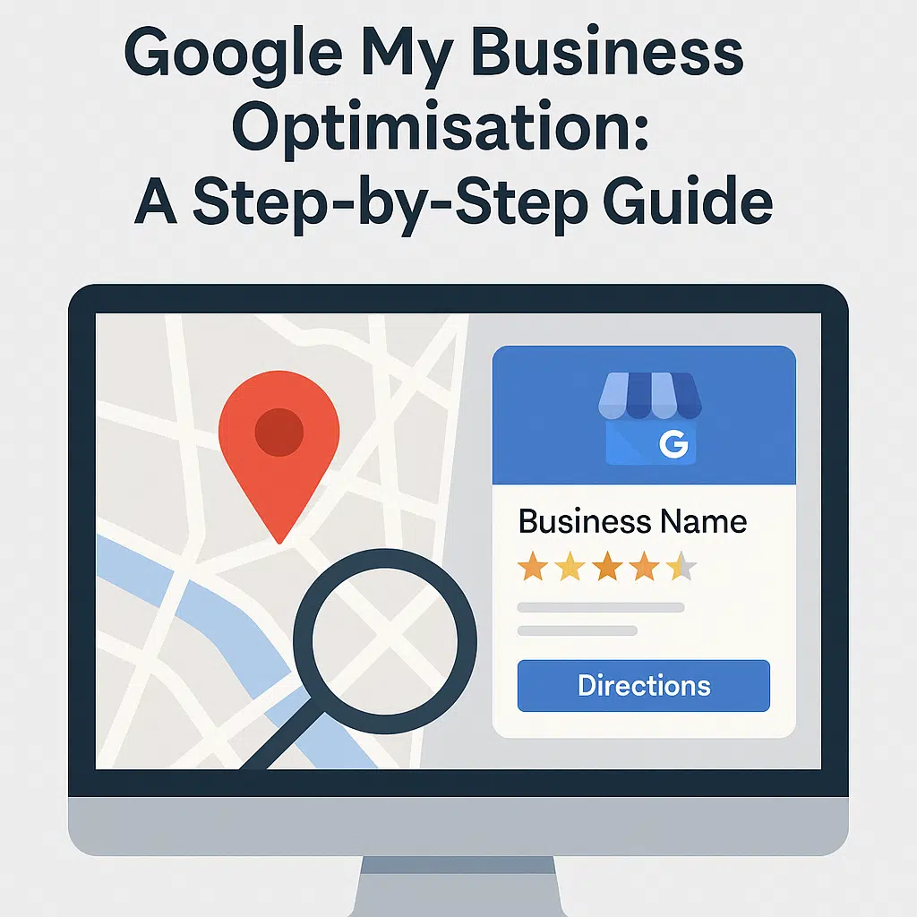 Step-by-step guide graphic explaining how to optimise a Google My Business profile to improve local SEO and customer visibility