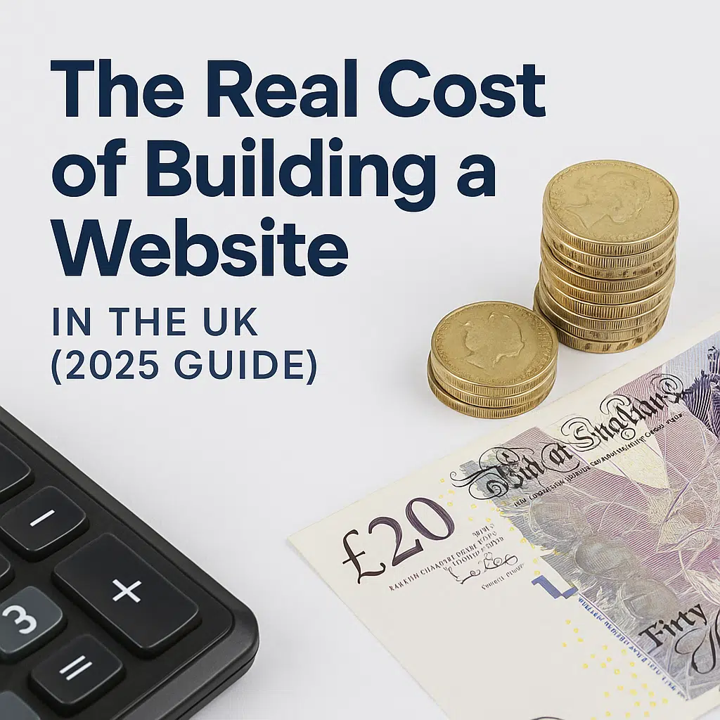 Informative visual outlining the real costs involved in building a website in the UK in 2025, including design, development, and ongoing expenses